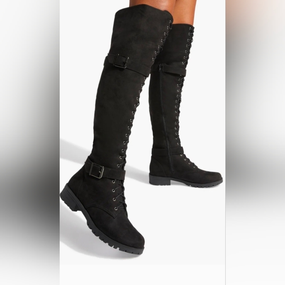 Shoe Dazzle Piper Black Over the Knee Lace-Up Boots Size 6.5 /37